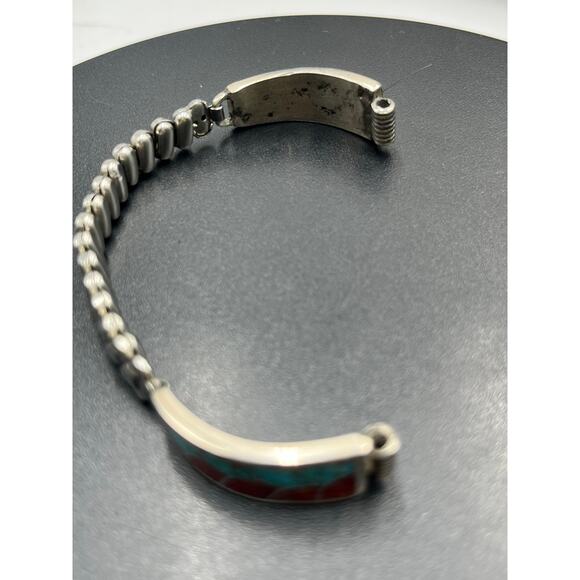 Vintage Native American Sterling Turquoise Coral Expandable Watch Band Bracelet - Picture 2 of 10